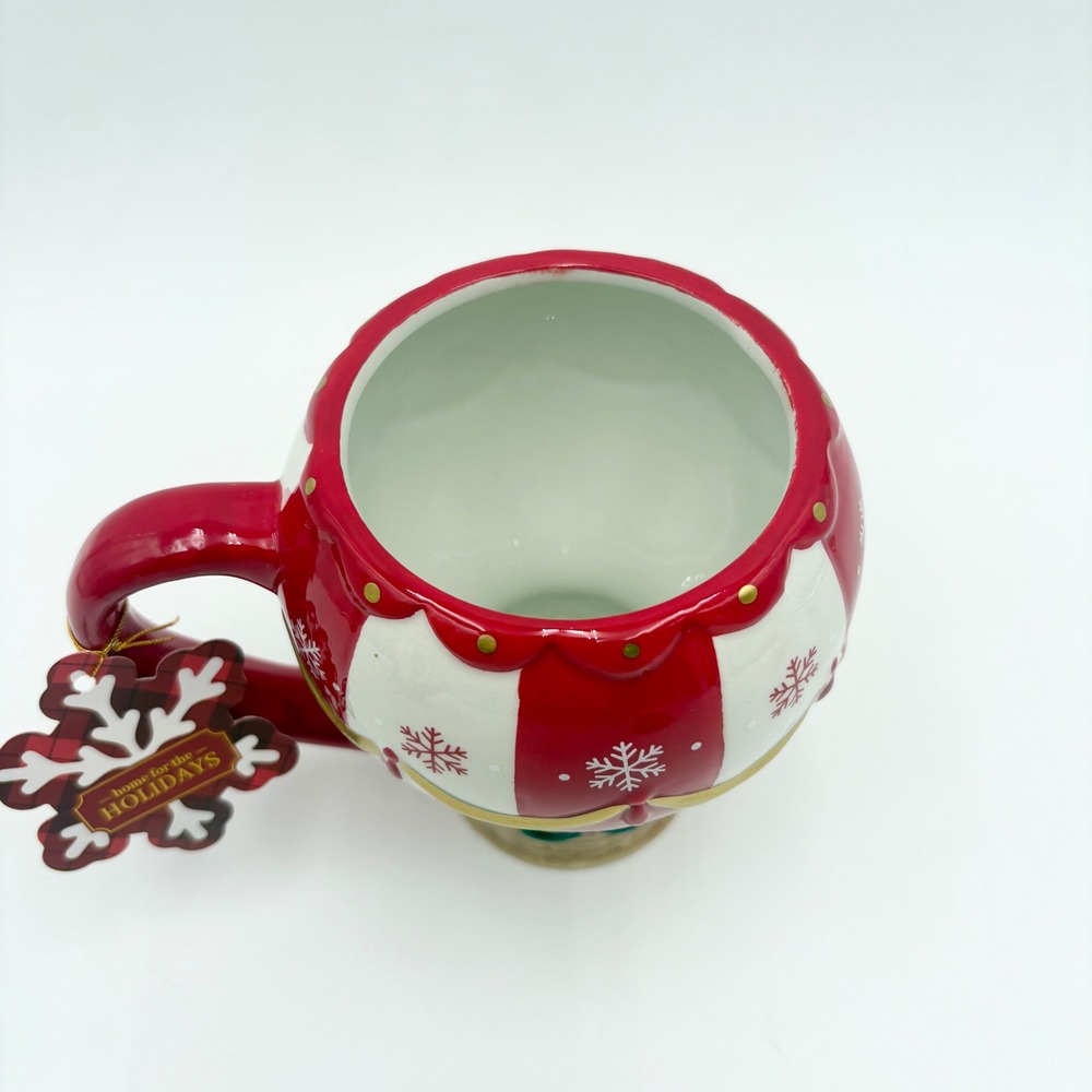 Christmas Hot Air Balloon Mug Festive Snowflake Design Red White Gold Handle - Picture 3 of 5